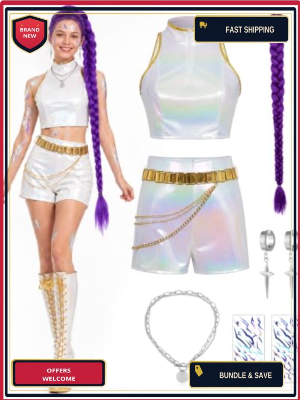 Holographic Pop Singer Costume Set 7-Piece Crop Top Shorts Cosplay Stage Outfit